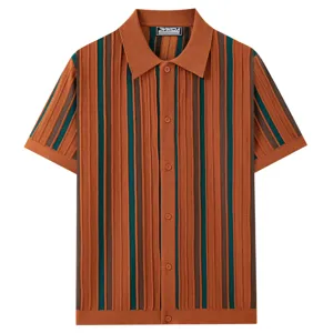 Men's short-sleeve knitted polo shirt with classic lapel and stylish vertical stripe pattern.