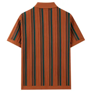 Back detail view of men's summer short sleeve knit polo shirt with vertical stripe pattern.