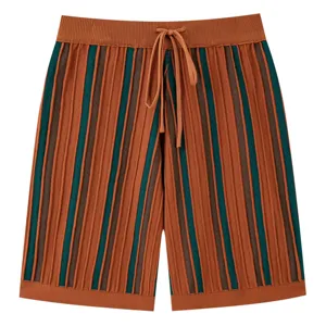 Men's striped knit shorts detail view, summer casual drawstring knitted short pants breathable.