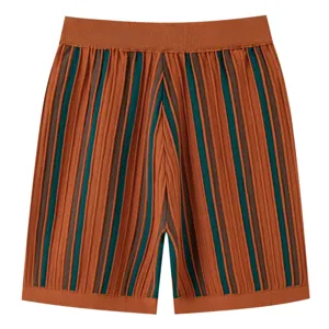 Close-up detail of knitted striped shorts, vertical stripe pattern, ribbed waistband, summer fashion.