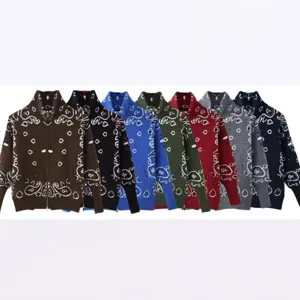 Women Knitted Paisley Cardigan Zip Up Stand Collar Long Sleeve Jacquard Sweater Jacket Retro Casual Streetwear Outwear