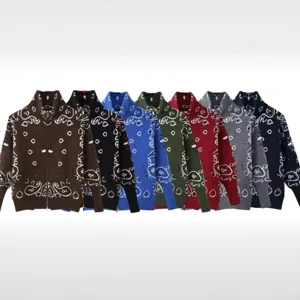 Men Women Casual Knit Zip Cardigan Paisley Jacquard Sweater Multi-Color Main Image