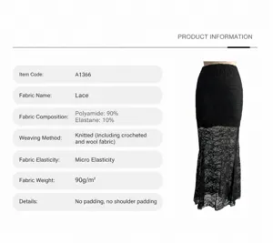 Jupe mi-longue en dentelle noire taille haute, jupe crayon extensible et élégante.