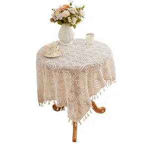 Beige crochet lace round tablecloth, vintage tassel table cover for dining coffee table.