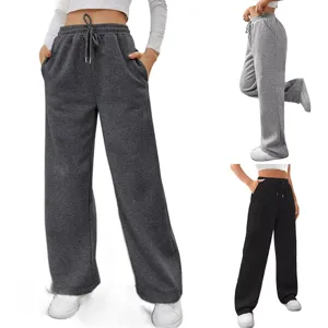 Pantalon de Jogging Taille Haute Jambe Large Décontractée pour Femmes Polaire Épaissi Cordon de Serrage Avec Poches Style Européen