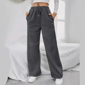 Pantalon De Jogging Decontracté Large Taille Haute Avec Poches Gris Foncé Mode Hiver