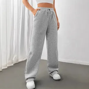 Femme taille haute gris pantalon de survêtement casual coupe ample jambe droite sport
