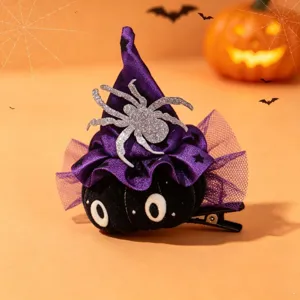 Halloween spin heksenhoed haarspeld, schattig pluche zwart en paars design voor feest.