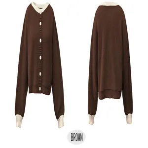 Dames losgebreid cardigan vest, contrastkleur ronde hals en boorden, modieuze herfst bovenkleding.