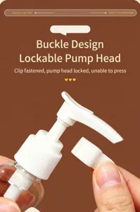 Detail view of a clear plastic travel lotion dispenser pump bottle with secure locking clip design.