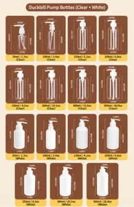 PET plastic pump bottle detail size chart showing height and capacity specifications for travel use.