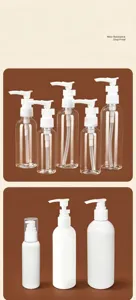 Detail view of portable plastic lotion sub-bottling pump bottles in clear and white styles.