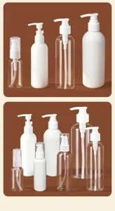 Detailed view of clear and white PET plastic cosmetic pump sub-bottling bottles for travel.