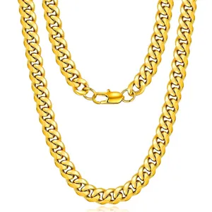 Men women gold color cuban link chain necklace 18k gold plated titanium steel thick chain
