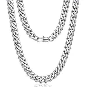 Stainless steel cuban link chain necklace for men and women, classic silver polished jewelry.