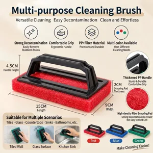 Multifunctional cleaning brush with thick plastic handle and fiber sponge pad for bathroom tub.