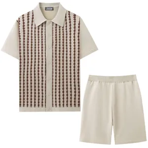 Men's Summer Casual Knitted Short Sleeve Polo Shirt and Shorts Set Beige Stripe Two-Piece