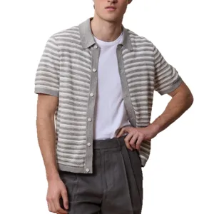 Men's summer casual short-sleeve hollow knit polo shirt grey white stripes stylish top