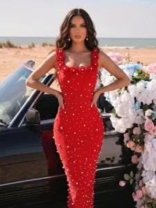 Εκπληκτικό κόκκινο αμάνικο μάξι bodycon φόρεμα με πέρλες και λουλούδια για γυναίκες