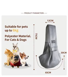 Vista detallada de la bolsa de hombro transpirable para mascotas con medidas y especificaciones.