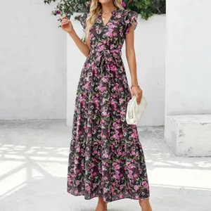 Abito lungo maxi con stampa floreale scollo V manica corta da donna, elegante vestito estivo.