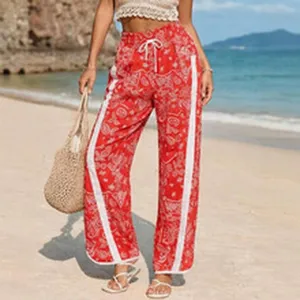 Pantaloni da spiaggia rossi stampati con strisce laterali e coulisse in vita estivi.
