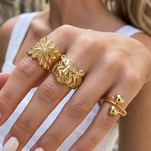 Vintage Adjustable Copper Ring For Women Gold Plated Hollow Tiger Head Floral Leaf Spiral Ball Open Finger Jewelry