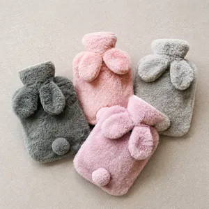 Cute Rabbit Ear Faux Fur Hot Water Bag Soft Plush Cover High Density PVC Hand Warmer For Winter Stomach Waist Relief Pain Heat Therapy