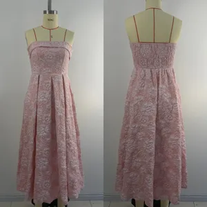Pink floral jacquard strapless dress detail showing back smocking and front pleats
