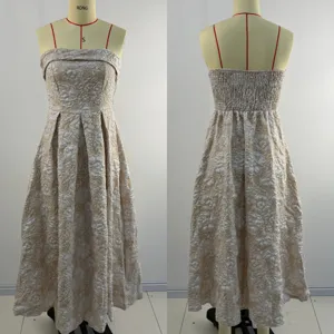 Detailed view of the elegant beige floral jacquard strapless midi dress for daily party wear.