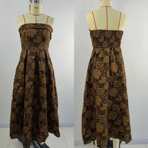 Women's vintage brown floral jacquard strapless midi dress elegant party evening gown