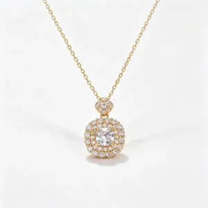 Gold-tone double halo square cubic zirconia pendant necklace for women fashion jewelry