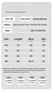 Detailed size chart and specifications for baby winter padded jumpsuit with bow. Check measurements.