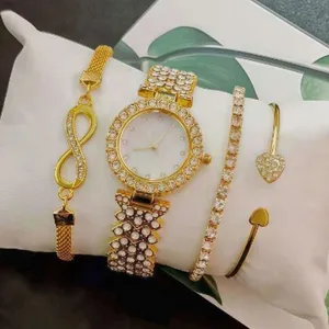 Women fashion 4-piece watch and rhinestone bracelet set, elegant gold quartz watch.