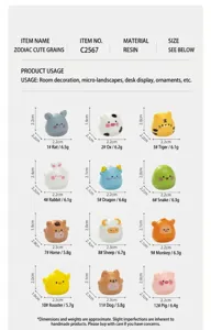Cute 12 Chinese zodiac resin miniature figurines size and detail specification chart for desktop decor.