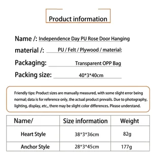 Independence Day PU rose flower door hanger details, size and weight specification chart.