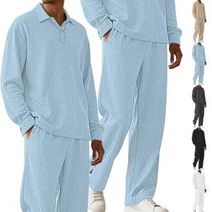 Men textured waffle knit long sleeve polo shirt and pants loungewear set casual two piece outfit