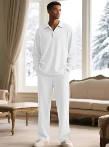 Textured long-sleeve polo top and matching pants set worn by model in a scenic indoor setting.