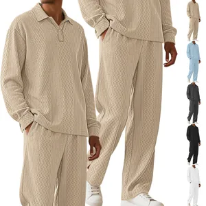 Men Waffle Knit Polo Top And Pants Casual Loungewear Textured Jacquard Long Sleeve Solid Color Lapel Home Wear