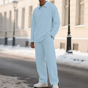 Men solid color jacquard textured casual lapel long sleeve and long pants sportswear set main