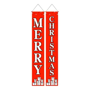Detailed view of red hanging banner featuring Christmas lettering and festive gift box pattern.