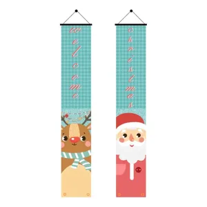 Christmas hanging banner porch sign holiday decoration set with Santa and reindeer pattern.