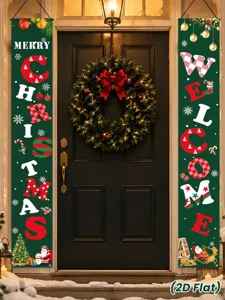 Christmas porch banner detail scene, festive hanging decoration with wreath door background.