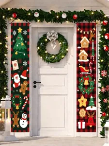 Christmas porch banners buffalo plaid hanging flags holiday outdoor decoration 2pcs