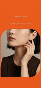 Close-up detail of silver moissanite clover earrings worn by model showing elegant style.