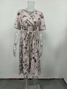 Casual V-neck floral printed short sleeve dress with waist tie detail for women daily wear.
