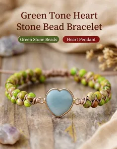 Handgemachte zweilagige geflochtene grüne Steinarmband mit Herzanhänger im Retro-Stil.