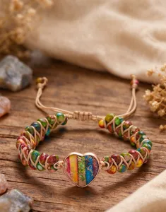 Handgemachte bunte Jaspiskette mit Herz und verstellbarem geflochtenem Seil Armband.