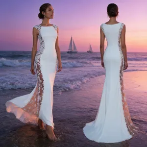 Women Sexy Lace Splicing Hollow Out Maxi Dress Sleeveless Round Neck Slim Fit White Evening Party Dress Elegant Resort Wear