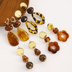 Detailed close-up view of chic brown leopard print resin dangle earrings design showcase